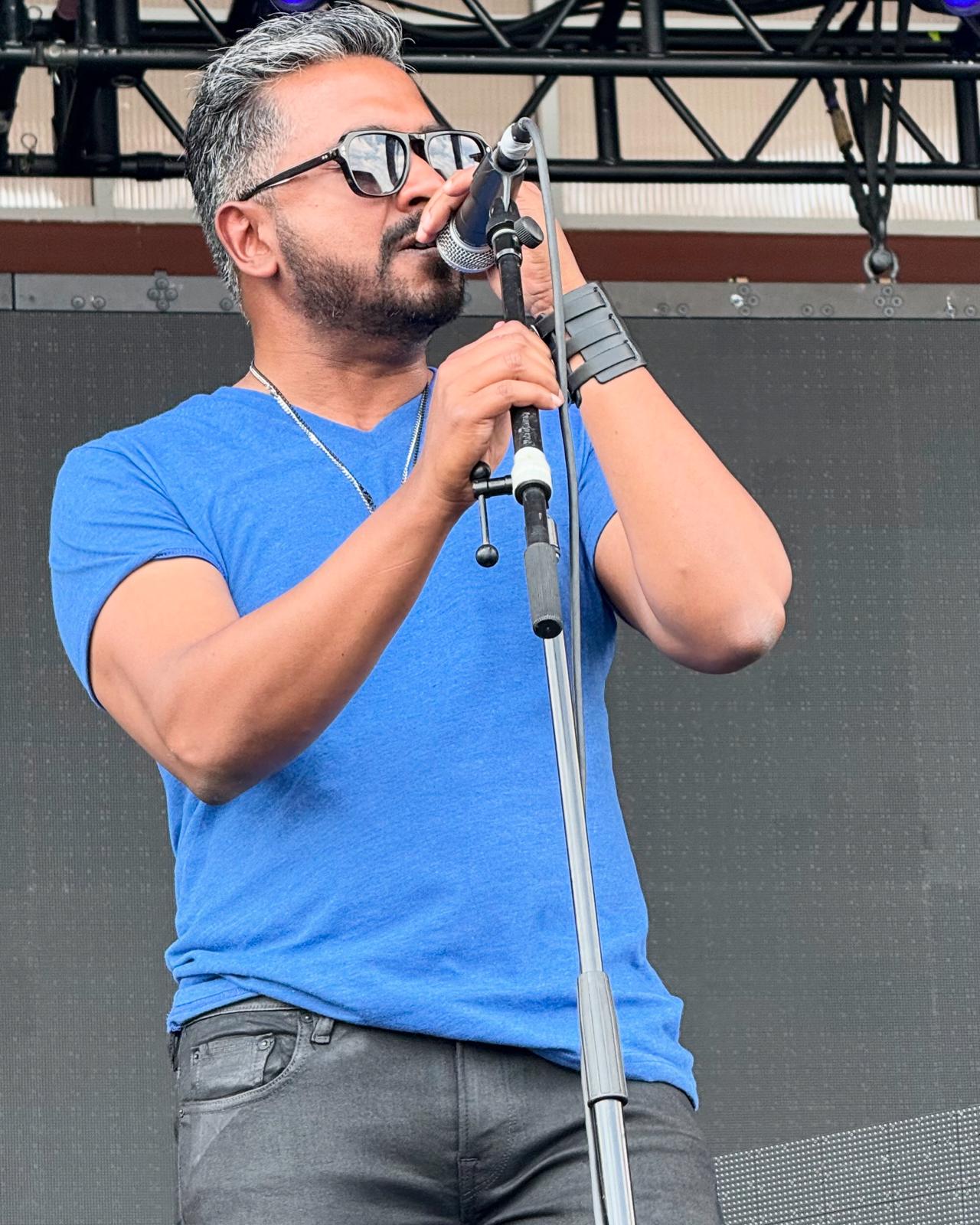 Close-up of Laji George during a performance